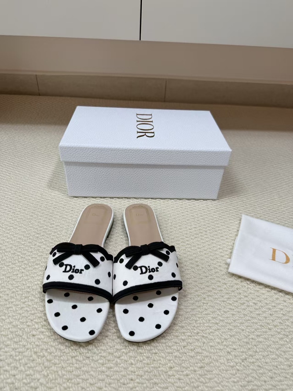Dior Polka Dot Bow Slip On Slide Sandals